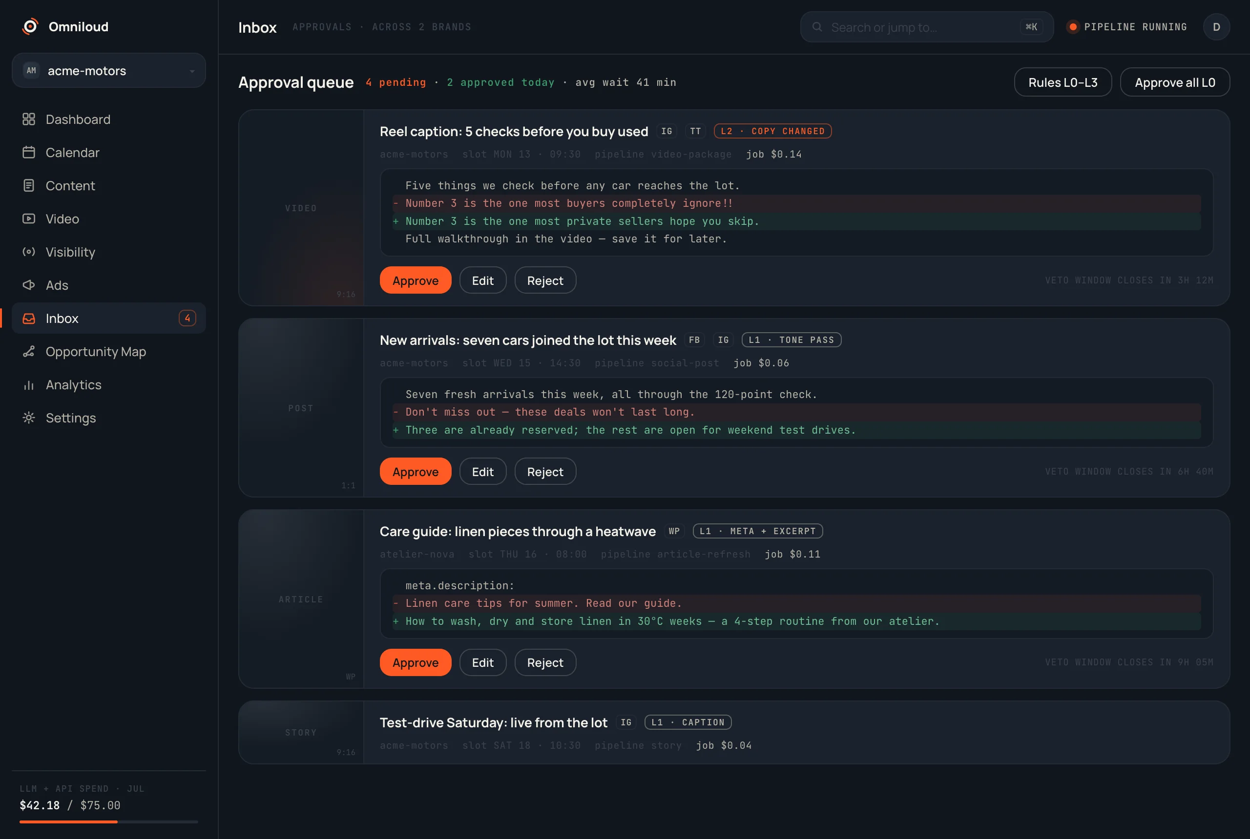 Omniloud console — approval queue with content diffs and per-job costs