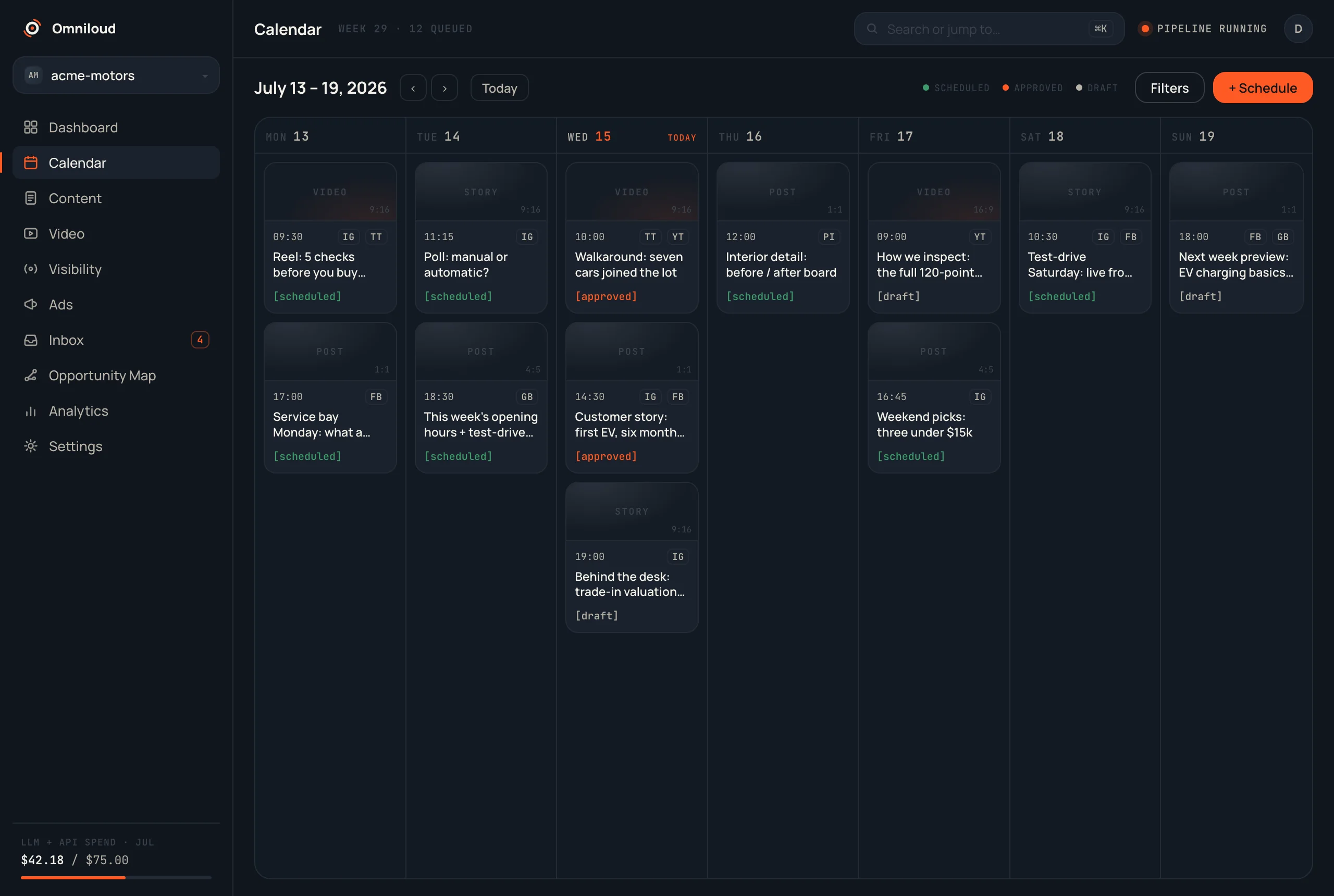 Omniloud console — weekly publishing calendar with per-channel post thumbnails